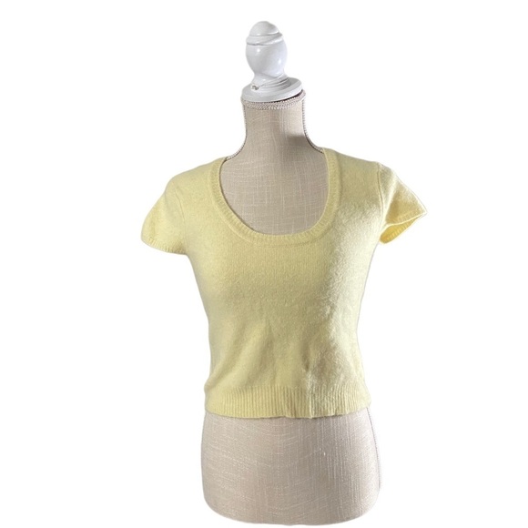 Moda International Women Yellow Lambs Wool Angora Short Sleeve Crop Sweater Sz M - Picture 1 of 11